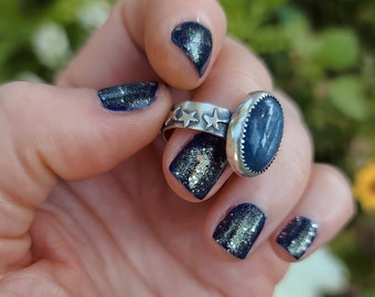 Blue Kyanite Ring with Starry Band, Star Ring, Boho Statement Ring, Funky Ring, Gemstone Ring, Artisan Jewelry, Handmade Ring