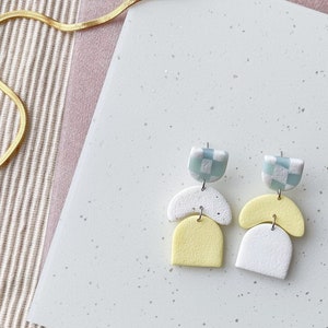 MIS/MATCHED Topsy-Turvy Polymer Clay Earrings: checkered aqua white, pastel yellow arches modern, minimalist, curves, poly clay image 2
