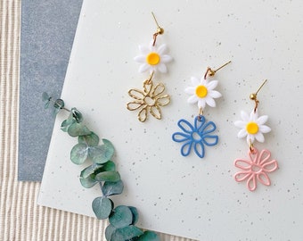 DOUBLE DAISIES - Polymer Clay Earrings: Textured White Flower Dangles - Daisy, floral, flowers, tassel, statement earrings, poly clay jewel