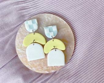 MIS/MATCHED Topsy-Turvy - Polymer Clay Earrings: checkered aqua + white, pastel yellow arches; modern, minimalist, curves, poly clay