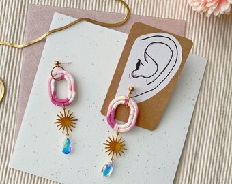 MARBLED SUN CRYSTAL - Polymer Clay Earrings: unique cute magenta pink gold leaf turquoise droplet suncatcher texture matte poly clay earring