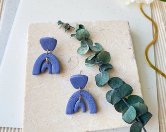 BLUE NESTING RAINBOWS - Polymer Clay Earrings: textured arch electric blue dangly statement studs organic shape minimalism modern polyclay