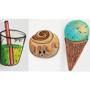 May include: A hand-drawn illustration of three different food items: a green drink with a straw, a cinnamon roll with brown icing, and a blue ice cream cone with sprinkles.