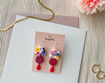 MULTICOLORE UNIQUE - Boucles d'oreilles en pâte polymère : motifs arc-en-ciel des années 80, années 90, goutte, arc-en-ciel, tendance, unique en son genre, à motif, fou