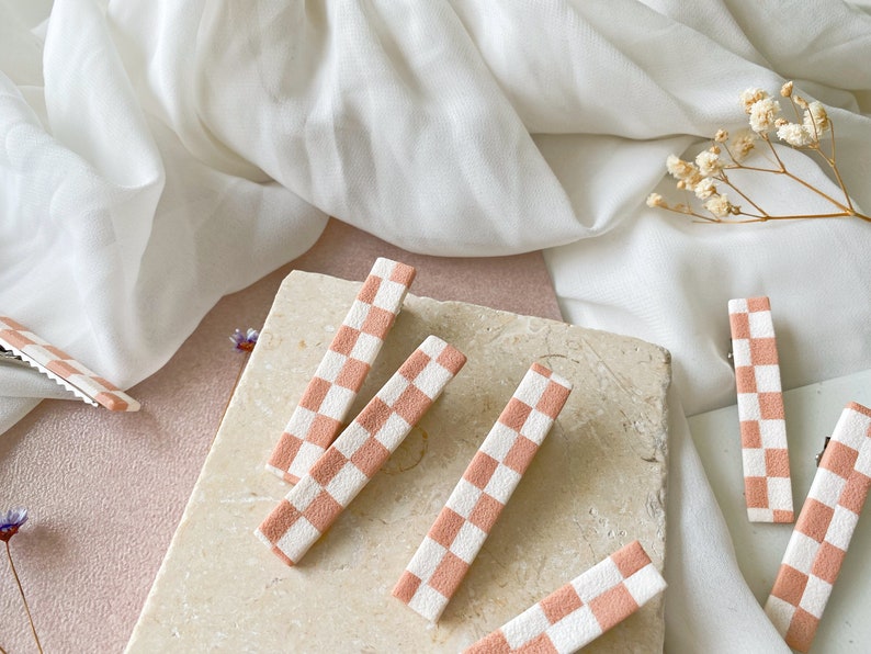 Nude & White CHECKERBOARD Hair Clip Set peach, neutral, textured, barrettes, checkered, checker, minimalist accessories, modern, blush image 3