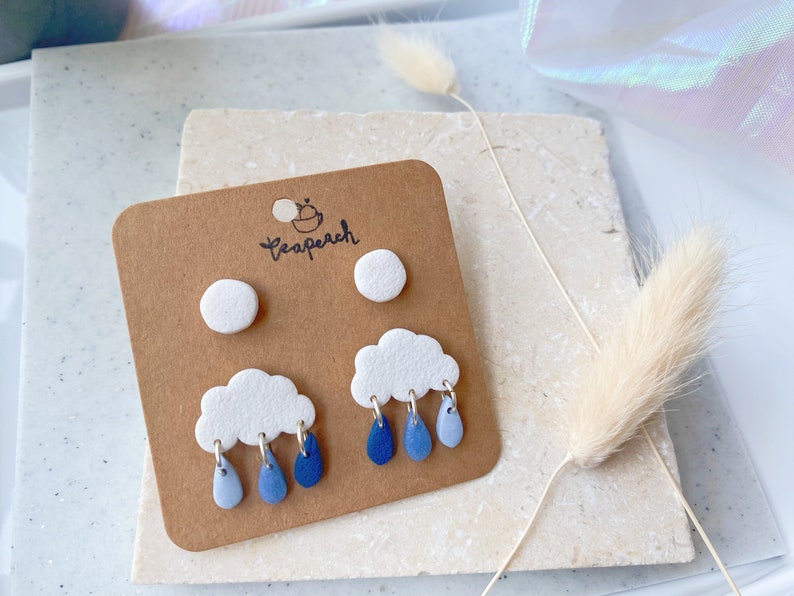 RAINCLOUD DROPLET STUDS: Dangly polymer clay earrings statement studs, rainy day, purple rain, raincloud, lightning, stormy, unusual, cool White Cloud Pack