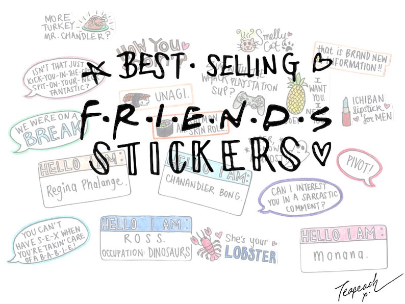 FRIENDS TV Show Stickers: Set of 3-60 Unagi, transponster, pivot, chandler, ross, rachel, she's your lobster, phalange, gum perfection, ok image 1