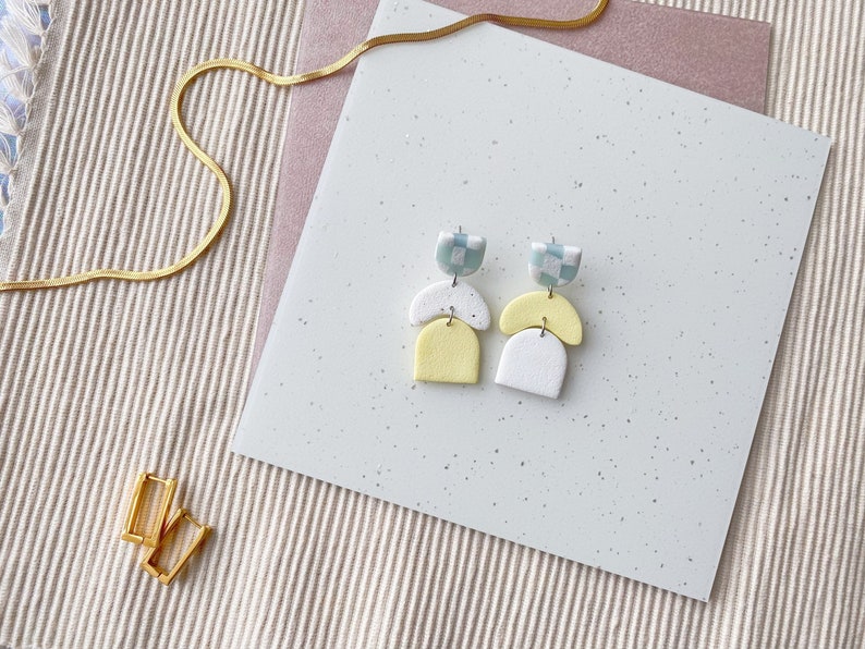 MIS/MATCHED Topsy-Turvy Polymer Clay Earrings: checkered aqua white, pastel yellow arches modern, minimalist, curves, poly clay image 2