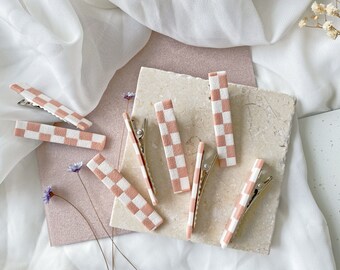 Nude & White CHECKERBOARD Hair Clip Set | peach, neutral, textured, barrettes, checkered, checker, minimalist accessories, modern, blush