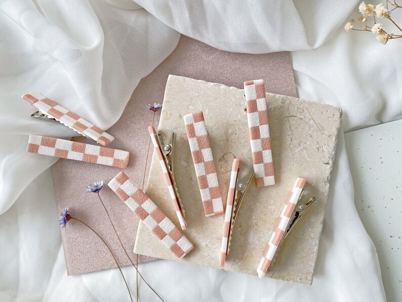 Nude & White CHECKERBOARD Hair Clip Set peach, neutral, textured, barrettes, checkered, checker, minimalist accessories, modern, blush image 1