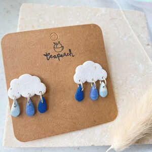 RAINCLOUD DROPLET STUDS: Dangly polymer clay earrings statement studs, rainy day, purple rain, raincloud, lightning, stormy, unusual, cool Speckled White 1Pair