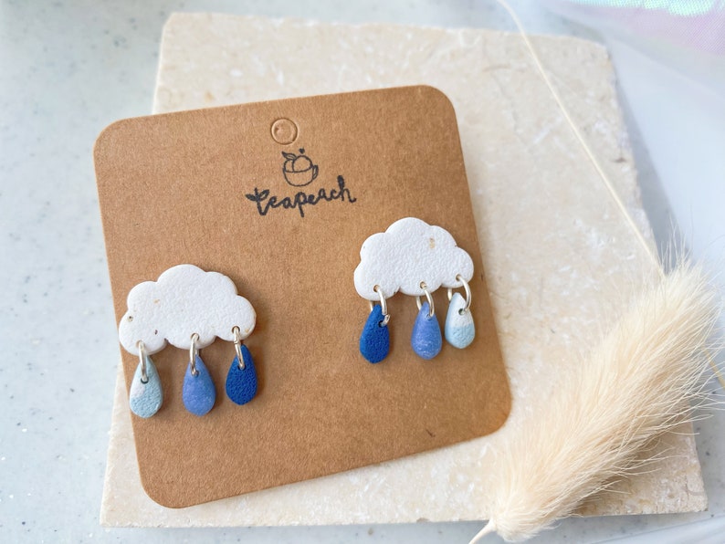 RAINCLOUD DROPLET STUDS: Dangly polymer clay earrings statement studs, rainy day, purple rain, raincloud, lightning, stormy, unusual, cool Speckled White 1Pair