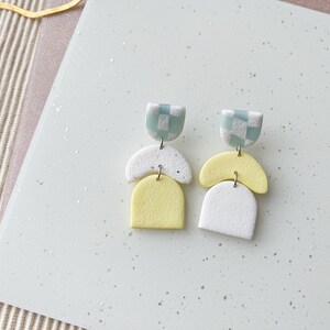 MIS/MATCHED Topsy-Turvy Polymer Clay Earrings: checkered aqua white, pastel yellow arches modern, minimalist, curves, poly clay Mismatched-Different