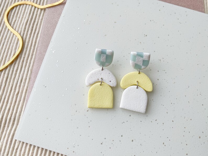 MIS/MATCHED Topsy-Turvy Polymer Clay Earrings: checkered aqua white, pastel yellow arches modern, minimalist, curves, poly clay Mismatched-Different