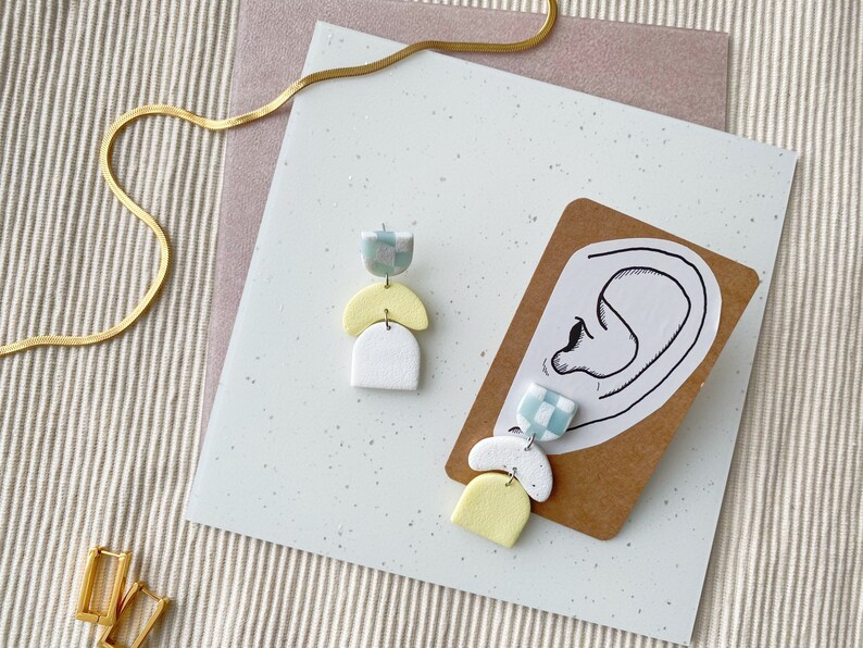 MIS/MATCHED Topsy-Turvy Polymer Clay Earrings: checkered aqua white, pastel yellow arches modern, minimalist, curves, poly clay image 6