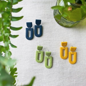 COLOUR BLOCK MONOCHROME Reverse Arch Dangle Statement Polymer Clay Earrings: forest green, lime green, yellow ochre | textured groovy