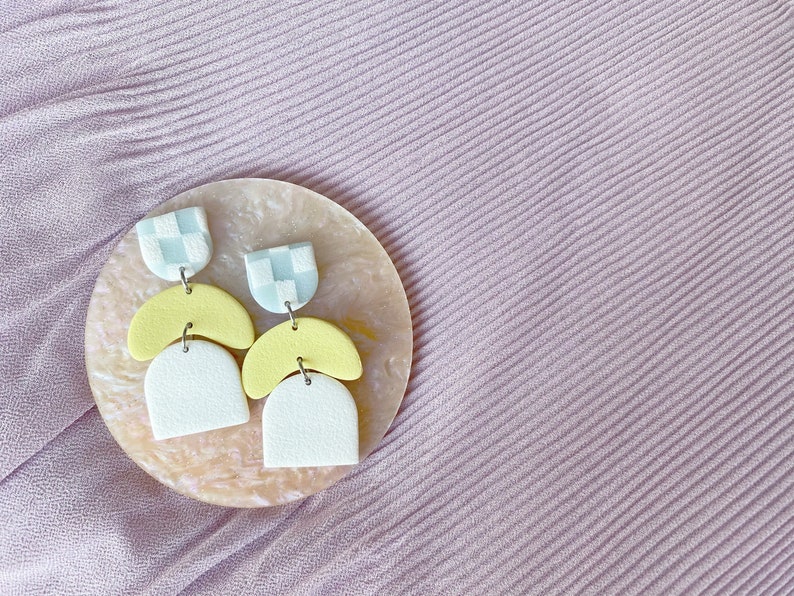 MIS/MATCHED Topsy-Turvy Polymer Clay Earrings: checkered aqua white, pastel yellow arches modern, minimalist, curves, poly clay Matched (Identical)