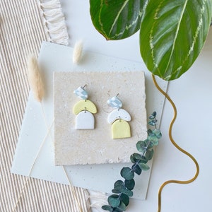 MIS/MATCHED Topsy-Turvy Polymer Clay Earrings: checkered aqua white, pastel yellow arches modern, minimalist, curves, poly clay image 3