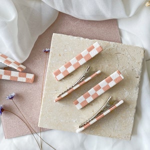 Nude & White CHECKERBOARD Hair Clip Set peach, neutral, textured, barrettes, checkered, checker, minimalist accessories, modern, blush image 4