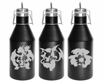Pokemon Evolution Growler Choice of 1- 64 oz. Black Vacuum Growler -Pikachu -Ghastly -Charmander -Squirtle -Bulbasaur- Etched Pint Glass
