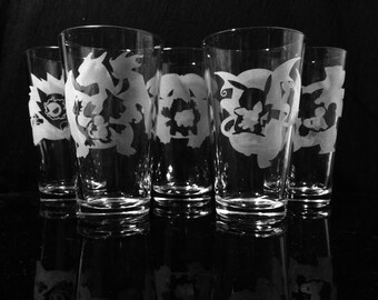Pokemon Evolution Pint Glass (Set of 5) -Pikachu -Ghastly -Charmander -Squirtle -Bulbasaur- Etched Pint Glass