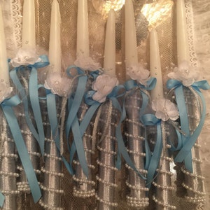 Greek Orthodox, 6 candles blue ribbon, wedding candles, lambatha, greek baptism, baptism candles, decorated candles