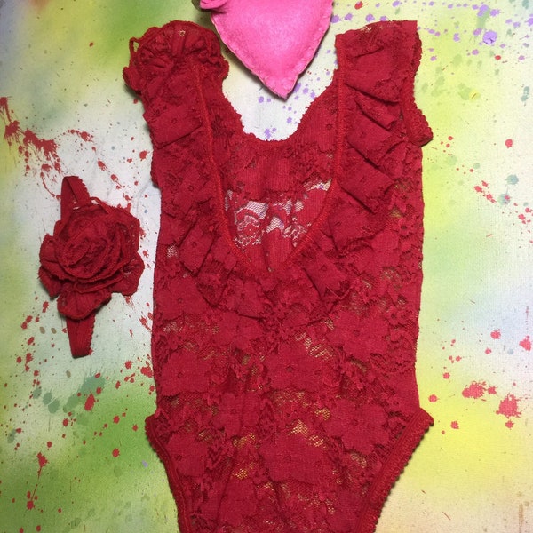 Newborn Red lace romper bodysuit shabby chic vintage style with coordinate headband Handmade  Valentine's Day