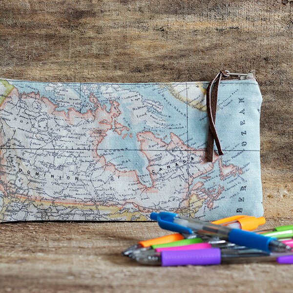 Map pencil case, Canada map case, World Map pouch, School pencil case, Small Cosmetic bag, MakeUp bag, USA pouch, Globe, Teacher gift