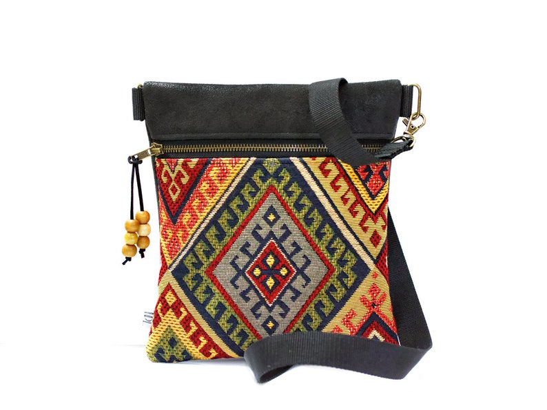 Festival bag Small sling purse Faux black leather Tapestry purse Vegan Shoulder bag Cross over Boho Cross body bag Little zipper bag