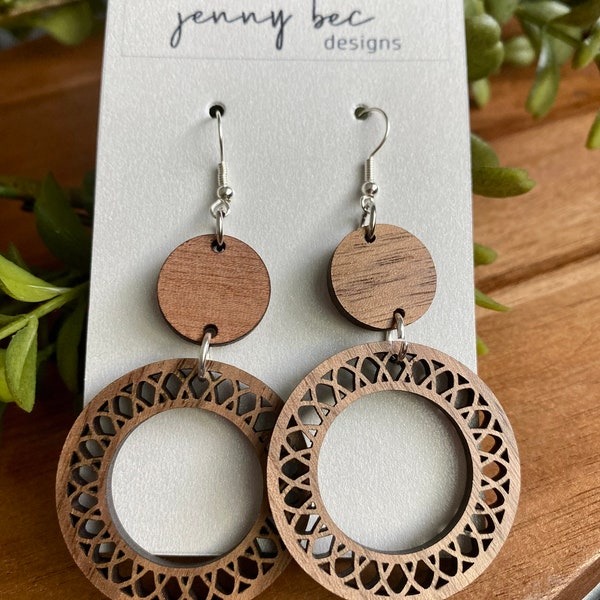 Wooden Circular Earrings BEAUTIFUL Fashion Handmade by Jenny Bec Designs Intricate Model Jewelry