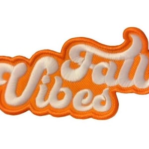 May include: Orange fabric patch with white embroidered text that reads "Fall Vibes".