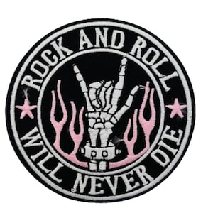 Rock And Roll Will Never Die Iron On Patch Embroidered Patch Music Band Flames Skeleton Hand Punk Y2K