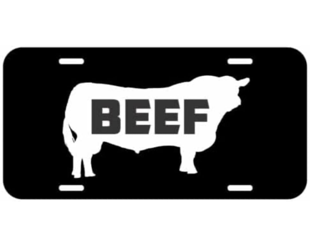 BEEF License Plate Vanity Car Tag Aluminum 6x12 Farm Chrome or White