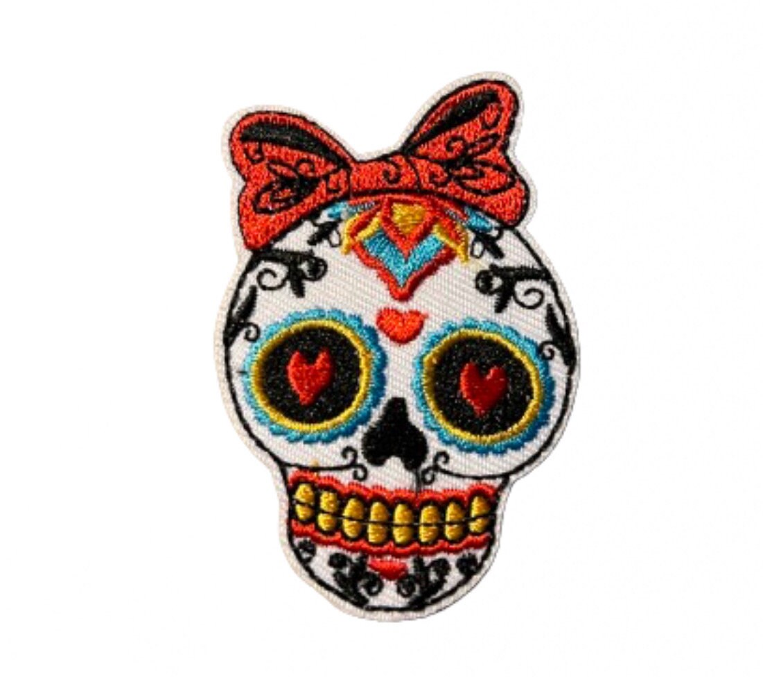 Toppa Ricamata Teschio Zucchero - Per Applicazione A Ferro O Cucitura, 6.6x8.8 Cm