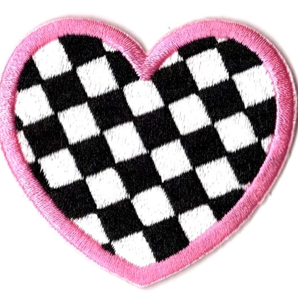 Checkered Heart Patch Iron On Embroidered Patch Hat Bar Filler Patch Checkered Heart Black and White