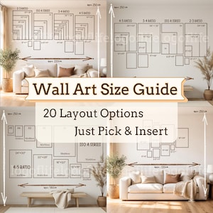 May include: A wall art size guide infographic featuring 20 layout options with various frame ratios including 2:3, 3:4, 4:5, and ISO A series. The chart displays dimensions in inches and centimeters, illustrating placement above sofas with marked heights of 250 cm.