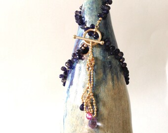 Blue Jacaranda  - Hand Knoted gemstone necklace, Iolite, Pink Sapphire,Brazilian Amethyst , Gold Beads -Ready to Ship