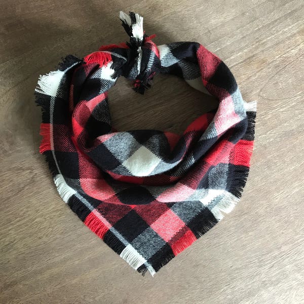 Tie On Dog Bandana, Flannel Dog Bandana, Red Dog Bandana, Frayed Dog Bandana, Boy Dog Accessory, Buffalo Plaid Bandana, Plaid Dog Accessory