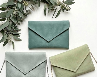 Bolso de mano de boda verde salvia, regalo para damas de honor, bolso bohemio en 3 tonos de eucalipto, regalo para la ceremonia con cadena extraíble.