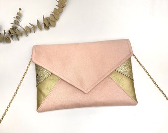 Pochette-Tasche in Pastellpuderpfirsichrosa und Gold für eine Hochzeit oder einen Abend