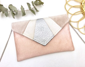 Pochette rose poudré beige argenté idéale pour un mariage ou une soirée