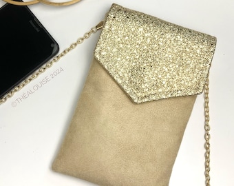 Handytasche, Smartphone-Hülle in Ecru-Beige und glitzerndem Gold