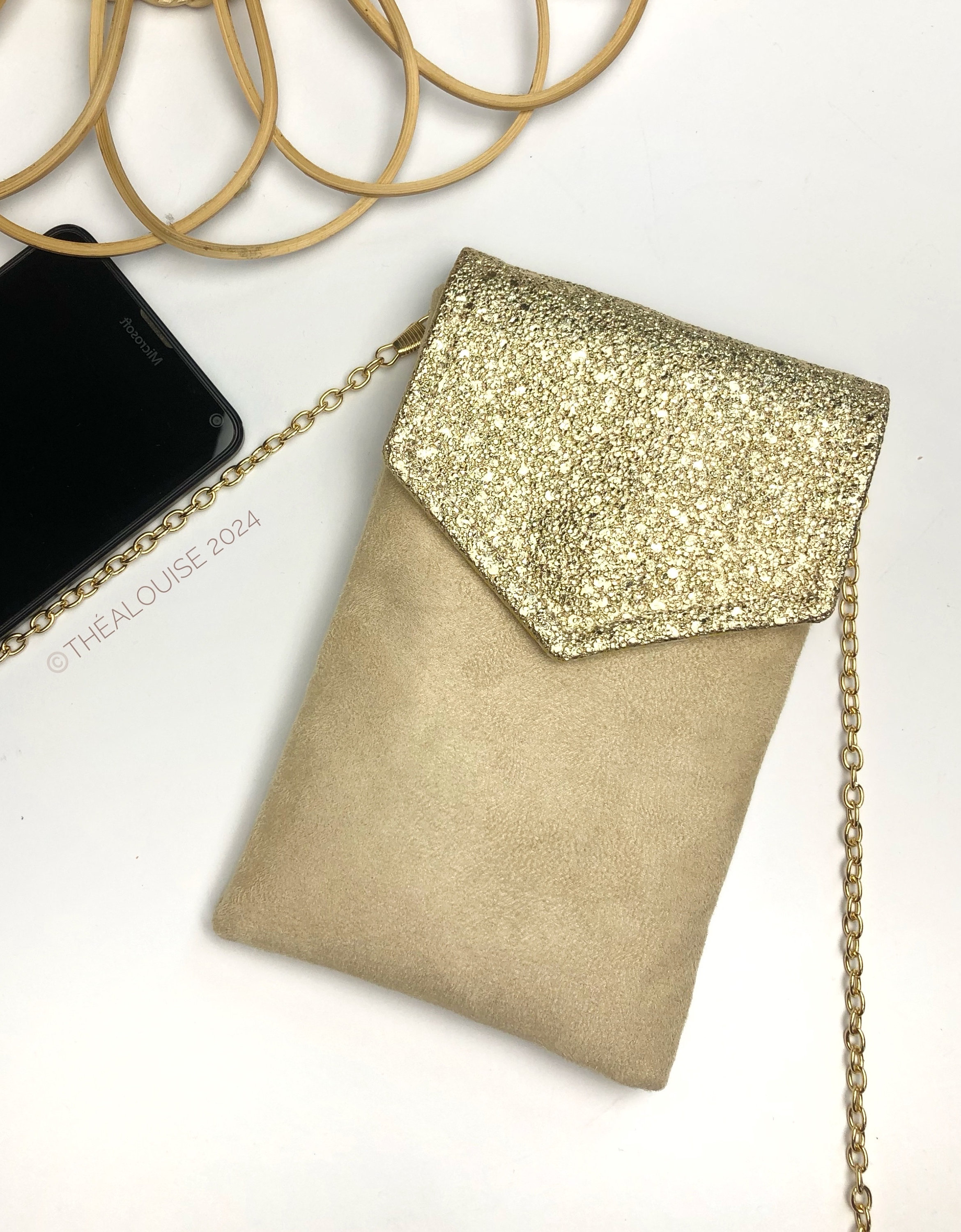 Cell phone pouch, beige, ecru and gold glitter smartphone case