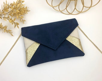 Navy blue and gold evening clutch bag for women, ideal for making a wedding outfit more sophisticated