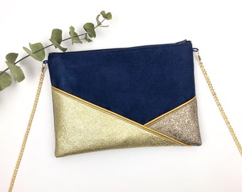 Pochette bleue marine bronze doré parfaite pour accessoiriser une tenue de soirée ou mariage