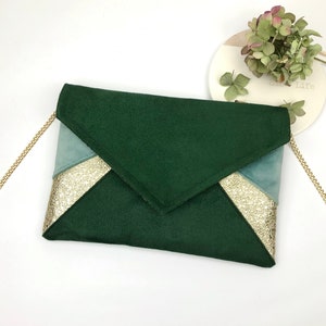 Green and gold evening clutch bag for women, ideal for adding sophistication to a wedding outfit