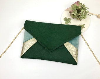 Green and gold evening clutch bag for women, ideal for adding sophistication to a wedding outfit