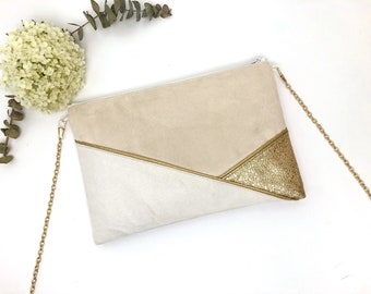 White and gold ecru clutch bag with wrist strap chain or shoulder strap for evening wedding