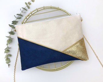 Bolso de mano azul marino beige dorado perfecto para una boda una noche