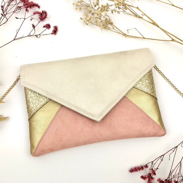 Ecru pink and gold clutch bag ideal for storing your wedding evening belongings for women